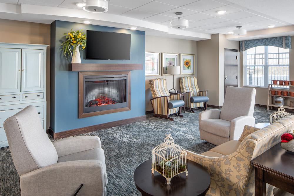 A cozy living room with a modern fireplace, armchairs, and decor accents like birdcages.