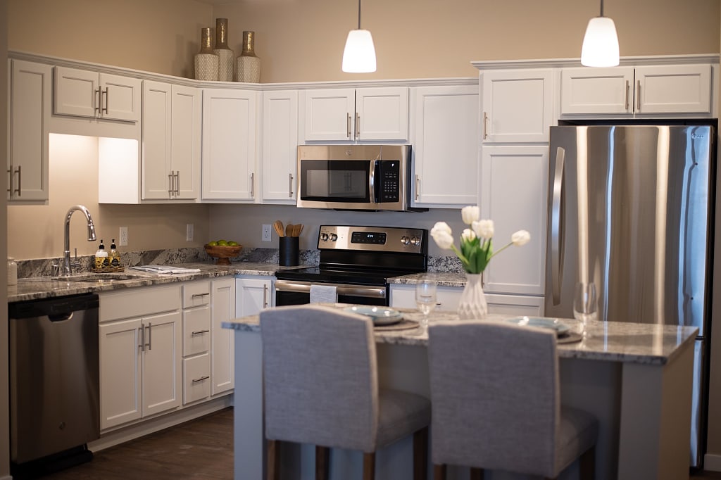 Sleek appliances and pendant lights in a modern kitchen