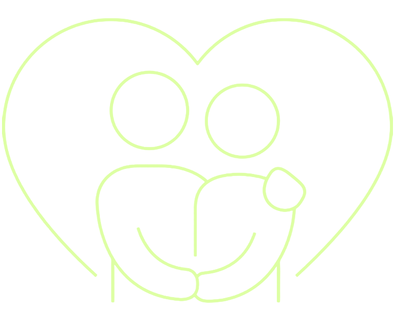 thin line illustration of two figures hugging and a heart around them